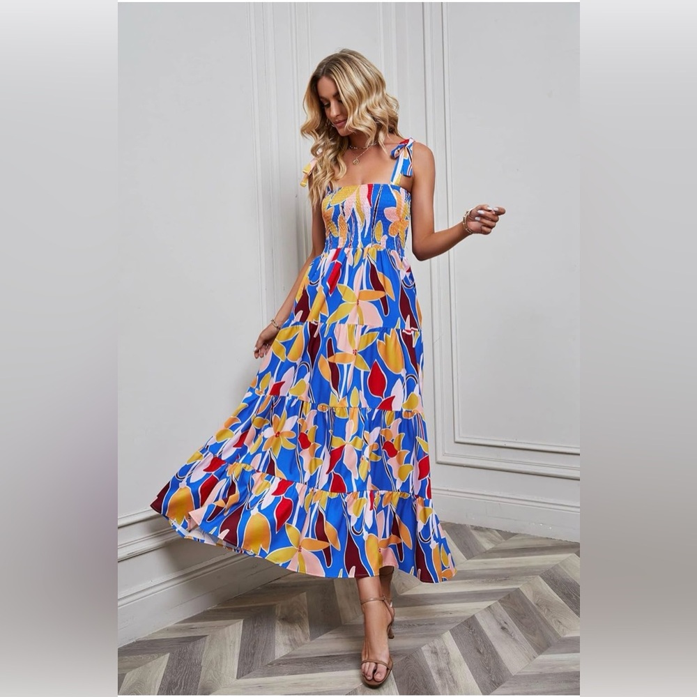 Blue Floral Tie-Shoulder Maxi Dress with Smocked Bodice